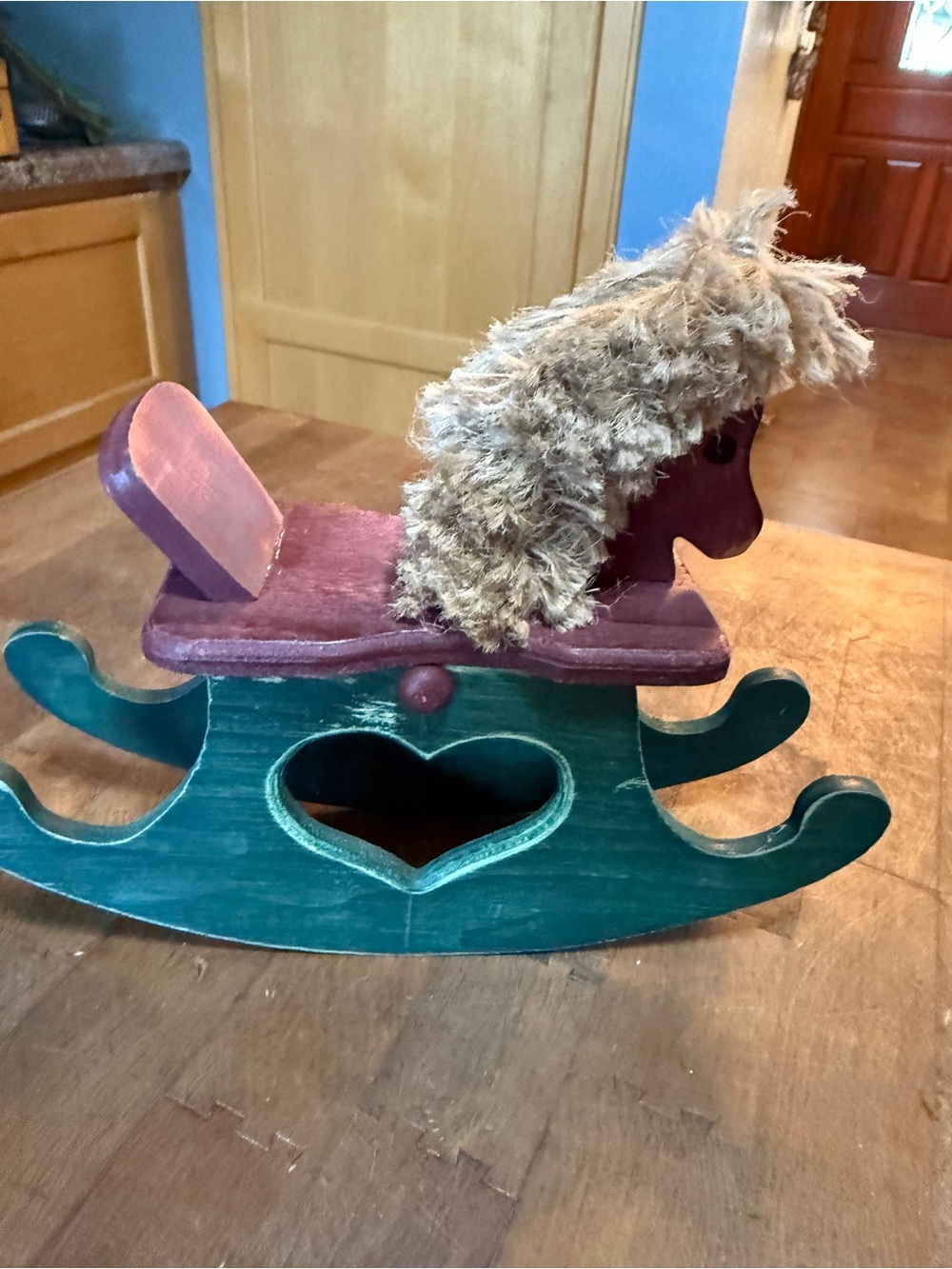Vintage 1990s Folk Art Wooden Green Rocking Horse Toy with Plush Mane